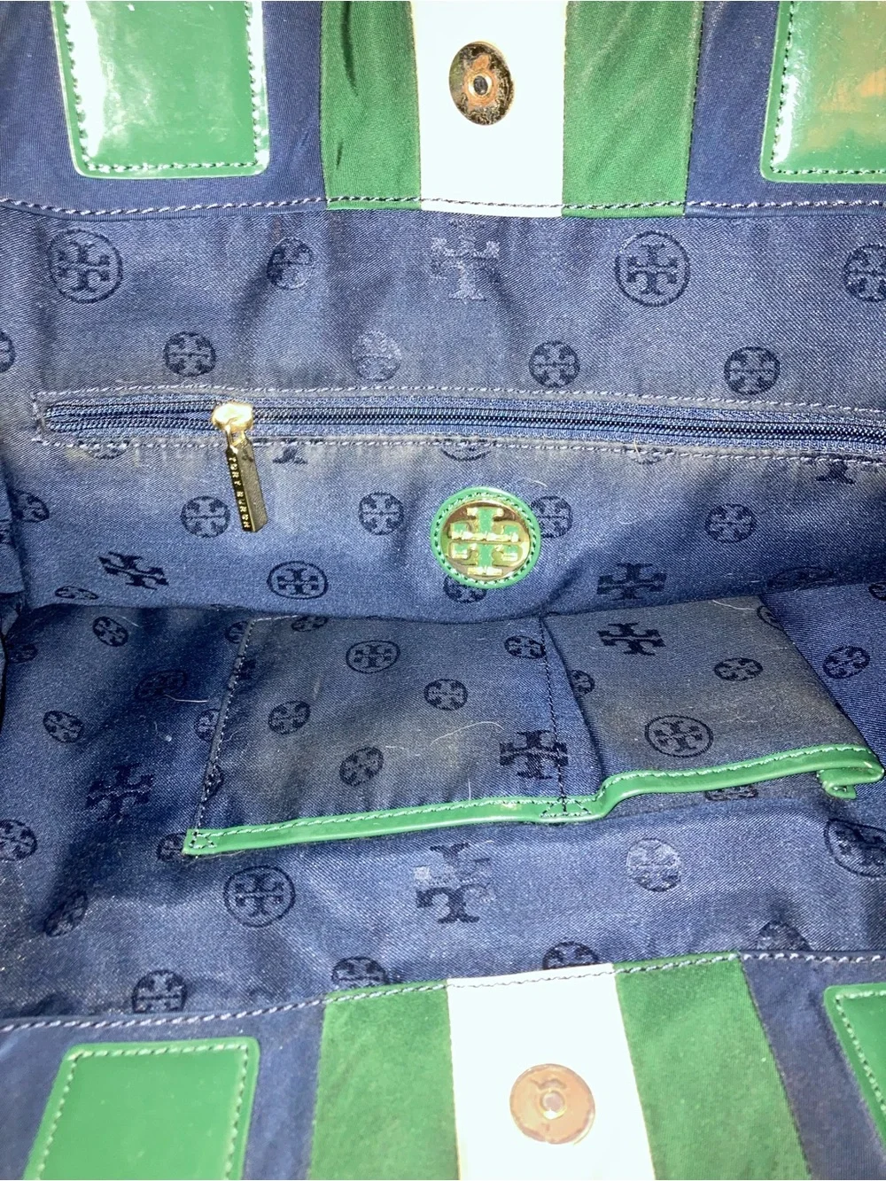 Tory Burch Navy Canvas Tote with Green and Beige Stripe